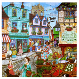 Colorful illustration of a bustling town square with shops and people.