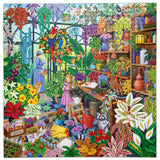 Colorful illustration of a garden scene with plants, a girl, and animals.