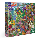 Jigsaw puzzle box with a colorful illustration of a greenhouse filled with plants and people.