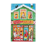 A colorful jigsaw puzzle featuring a whimsical bookstore storefront with illustrated characters, snowflakes, and holiday decorations, shown against a plain white background.