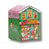 A 100-piece Christmas-themed jigsaw puzzle box shaped like a bookstore, featuring festive illustrations of snowmen, a nutcracker, and holiday scenes on a white background.
