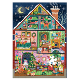 A colorful jigsaw puzzle featuring a whimsical Christmas house illustration with multiple levels of detailed holiday scenes, including a tree, snowman, moon, and festive decorations.