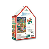 A 100-piece jigsaw puzzle box shaped like Santa's house, shown from the back side with product details, illustrations, and a barcode on a white background.
