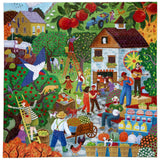 Colorful quilt-style artwork depicting a village scene with people, animals, and nature.