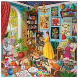 A completed jigsaw puzzle showing a colorful, detailed illustration of a woman and a child in a vibrant artist's studio filled with paintings, plants, art supplies, and curiosities.