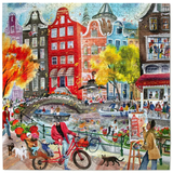 Colorful illustration of a canal scene with people, bicycles, and buildings.