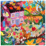 A colorful autumn-themed jigsaw puzzle featuring a whimsical house, squirrels, birds, an owl, mushrooms, and fall leaves in a detailed illustrated scene.