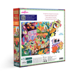 A 1000-piece jigsaw puzzle box by eeBoo, featuring a colorful autumn forest scene with a house, tree, birds, and deer. The box is shown at an angle to display both the front puzzle artwork and the back cover text.