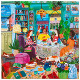 A colorful, detailed folk-art style illustration of a cozy tea-time scene in a decorated room, with three women seated around a table, books, plants, flowers, and household objects throughout the space.