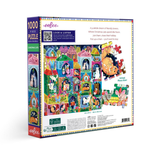 A 1000-piece jigsaw puzzle box by the brand 'woof.' showing the back of the packaging with a colorful illustrated scene of a cozy Christmas village and a small assembled puzzle piece cluster.