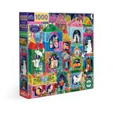 A 1000-piece jigsaw puzzle box titled 'Christmas Cat' by eeBoo, featuring a highly detailed, colorful illustration of various cats in Victorian-style houses decorated for Christmas.