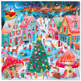 A colorful illustrated jigsaw puzzle showing a whimsical snowy village scene with Santa Claus in a sleigh, decorated Christmas trees, houses, people, animals, and festive details.