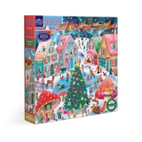Jigsaw puzzle box with a festive village scene on a white background