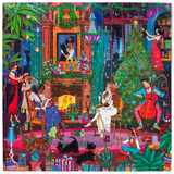 A colorful jigsaw puzzle depicting a festive Christmas night scene with multiple people gathered around a fireplace, a decorated Christmas tree, gifts, plants, and two black dogs in the foreground.