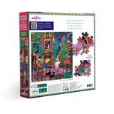 Jigsaw puzzle box with colorful illustration of a festive scene and 'eeBoo' branding.