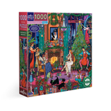 Jigsaw puzzle box with a colorful illustration of a festive scene, featuring people around a Christmas tree.