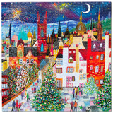 A colorful mosaic-style artwork depicting a festive city street at night with Christmas trees, historic buildings, fireworks, and a crescent moon in the sky.