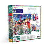 A 1000-piece jigsaw puzzle box by eeBoo titled 'Christmas in Edinburgh'. The packaging features a colorful winter village scene with a Christmas tree, historic buildings, and children playing, alongside product details and a 'Look & Listen' feature badge.