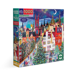Puzzle box with a colorful Christmas-themed cityscape design on a white background