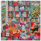 A colorful quilted textile featuring a busy, detailed domestic interior scene with bookshelves, flowers, furniture, a dog and two cats, shown as the product itself.