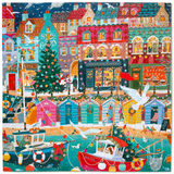 Colorful Christmas-themed puzzle with a village scene, boats, and festive decorations.