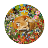 Round puzzle with a fox surrounded by nature elements on a white background
