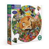 Round puzzle packaging with a fox design on a white background