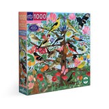 Jigsaw puzzle box with colorful bird and floral design on a white background