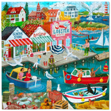 A colorful illustrated jigsaw puzzle depicting a seaside harbor scene with houses, boats, seagulls, people, and storefronts including a lobster restaurant and general store.
