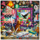 A highly detailed, colorful jigsaw puzzle depicting a whimsical, cluttered fantasy study or library scene. The scene features a large stained-glass window showing a black bird, a ginger cat, shelves of books and bottles, hanging lanterns, and various magical objects.