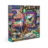 A 1000-piece jigsaw puzzle box by eeBoo, featuring a highly detailed, colorful illustration of a whimsical apothecary shop with a bird perched on a counter and a stained-glass window showing a bird in flight.