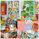 A completed jigsaw puzzle featuring a whimsical, colorful kitchen scene with cats, strawberries, flowers, and vintage kitchenware. The puzzle pieces are fully assembled, showing a detailed illustration with a white border around the edges.