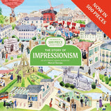Jigsaw puzzle box featuring a colorful illustration of a cityscape with landmarks, labeled 'The Story of Impressionism'.