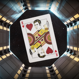 A stylized King of Hearts playing card floating in the center of a futuristic metallic corridor viewed from below, with a dark starry surface beneath it.