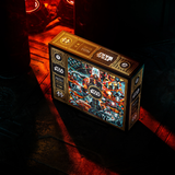 A decorative product box with ornate gold detailing and a colorful illustrated front panel, photographed in a dark dramatic setting with red lighting. The box appears to be the product presentation itself rather than packaging around another visible item.