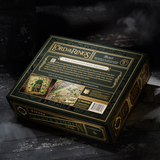 Lord of the Rings: Middle Earth jigsaw puzzle box, shown at an angle on a dark, textured stone surface. The packaging is dark green with ornate gold borders and lettering, featuring the title 'Lord of the Rings'.