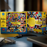 A jigsaw puzzle box featuring The Beatles' Yellow Submarine artwork, shown in a styled indoor setting with a blurred desk and lamp in the background. The front of the box displays the band's name, 'The Beatles Yellow Submarine,' '1000 pieces,' and an illustration of the characters.