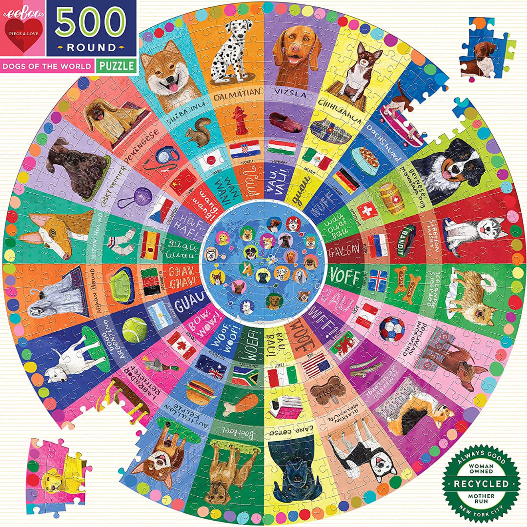 eeBoo - Dogs Of The World 500 Piece Round Puzzle - The Puzzle Nerds