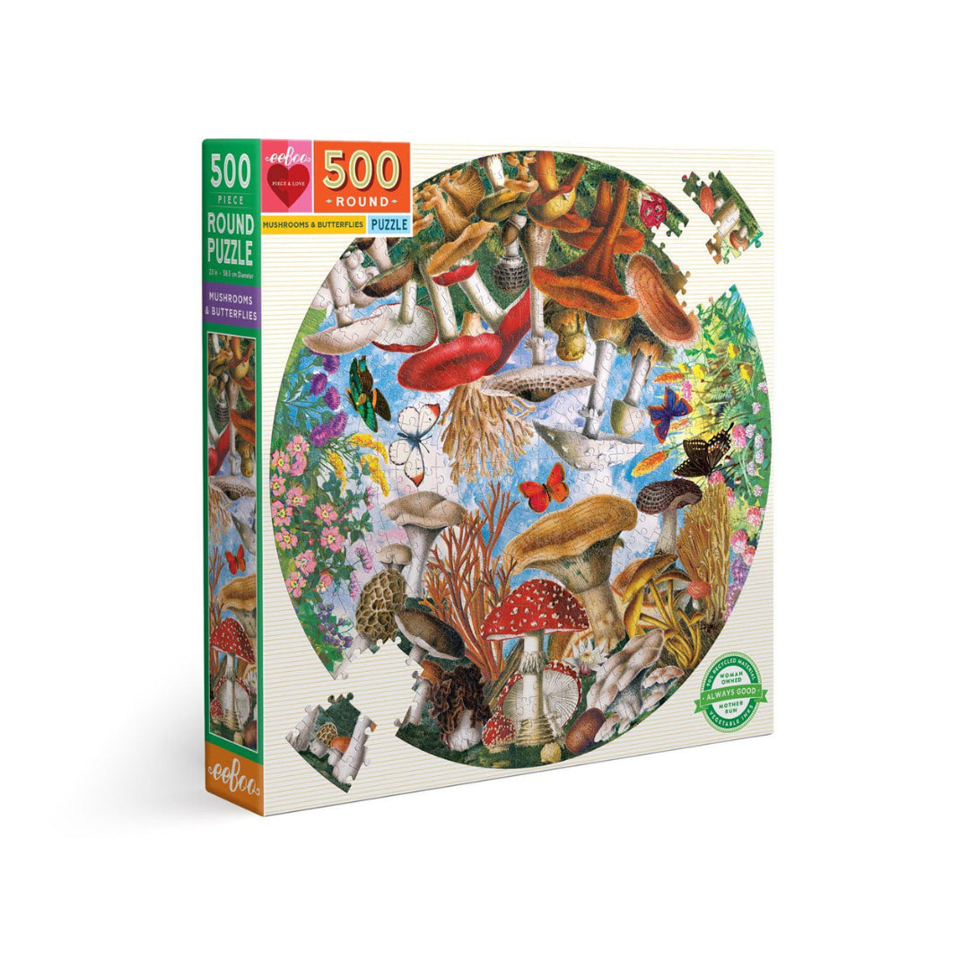 eeBoo - Mushrooms & Butterflies 500 Piece Round Puzzle - The Puzzle Nerds 